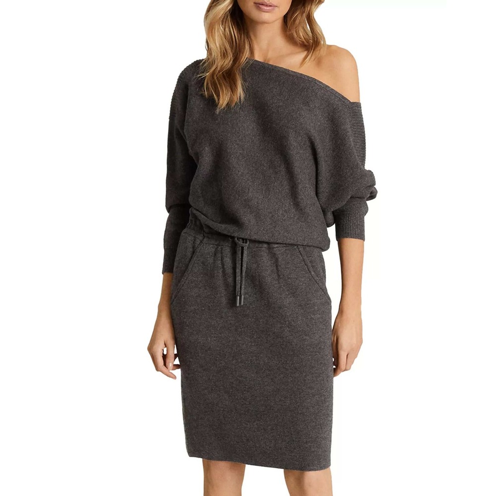 Reiss Amara Off The Shoulder Draped Knit Dress Womens XS Dark Gray Quiet Luxury